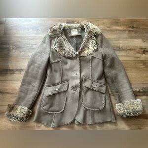 Vintage y2k Penny Lane Sonoma grey taupe faux suede fur collar cuff jacket S M